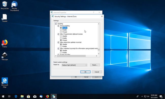 Configuración de seguridad de Internet de Windows 10 con scripting activo deshabilitado