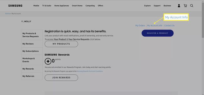 Webová stránka Samsung so zvýraznenou možnosťou „Informácie o mojom účte“.