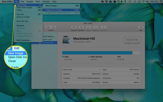 Cuplikan layar item menu Gambar Baru di aplikasi Utilitas Disk di macOS