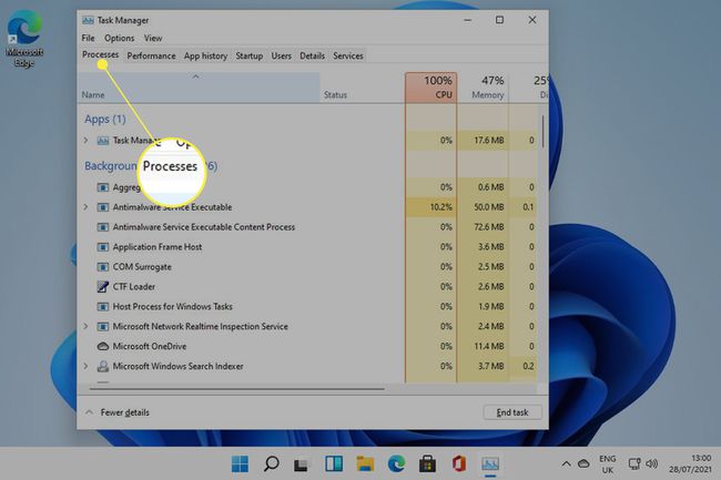A Feladatkezelő folyamatok lapja kiemelve a Windows 11 rendszerben 