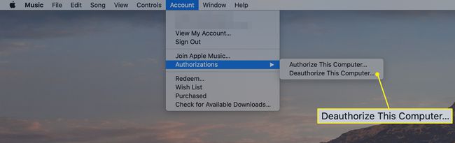 Мени музичког налога са истакнутим Деауторизирај овај рачунар