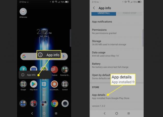 Locația opțiunii Detalii aplicație pe dispozitivele Android.