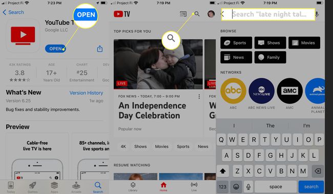 Aplicația YouTube TV cu Deschidere, Lupă și câmpul de căutare evidențiate