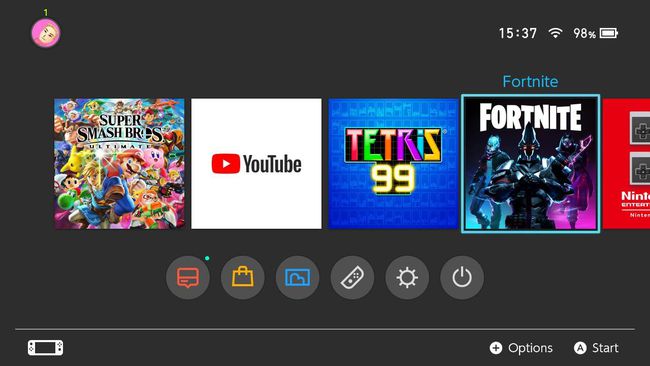 Ecranul de pornire Nintendo Switch cu pictograma jocului video Fortnite selectată.