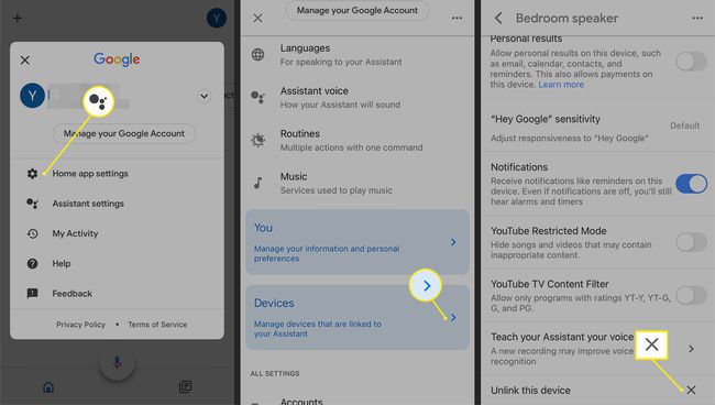 Proces til at fjerne tilknytningen af ​​en enhed fra Google Assistant-indstillingerne i Google Home-appen