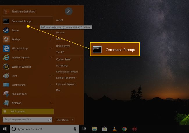 Windows 10 시작 메뉴에서 강조 표시된 명령 프롬프트