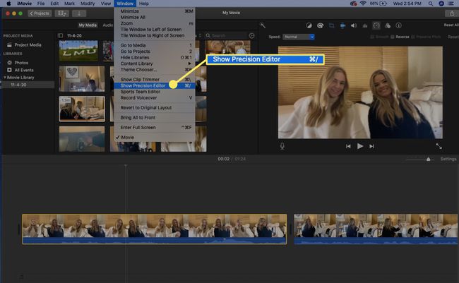 Öppna iMovie Precision Editor från menyn Fönster.