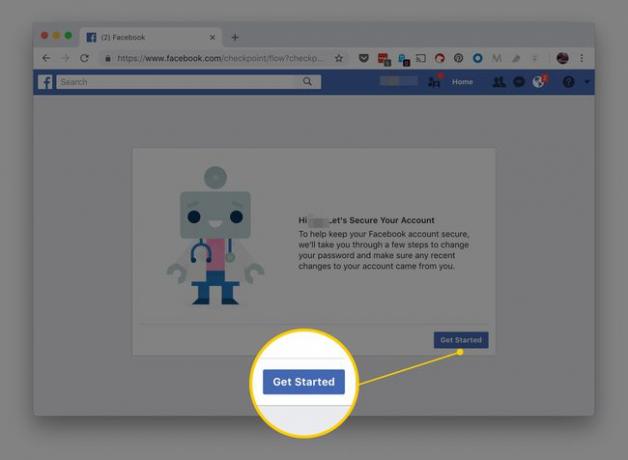 Кнопка " Начать" на странице диалога " Защитите свою учетную запись" на Facebook
