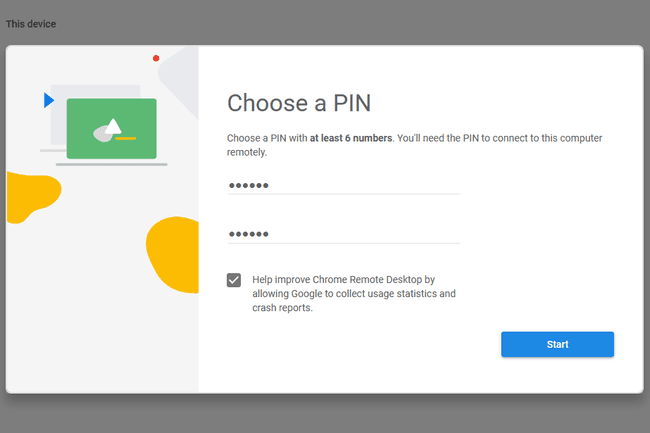 Captura de pantalla de la página elegir un PIN en Chrome Remote Desktop