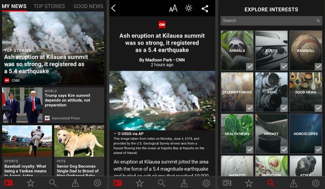 Android用のMicrosoftニュースアプリの3つのスクリーンショット。