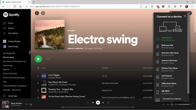 Spotify ierīču atlasē izcelts Galaxy pulkstenis (SM-R870).