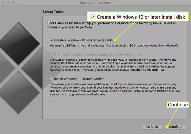 Windows10以降のインストールディスクを作成するBootCampAssistantの[タスクの選択]画面