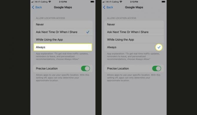 Izceltās darbības, lai iestatītu piekļuvi atrašanās vietai uz Vienmēr, izmantojot pakalpojumu Google Maps iPhone tālrunī.