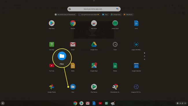 Captură de ecran cu deschiderea aplicației Fișiere pe Chromebook