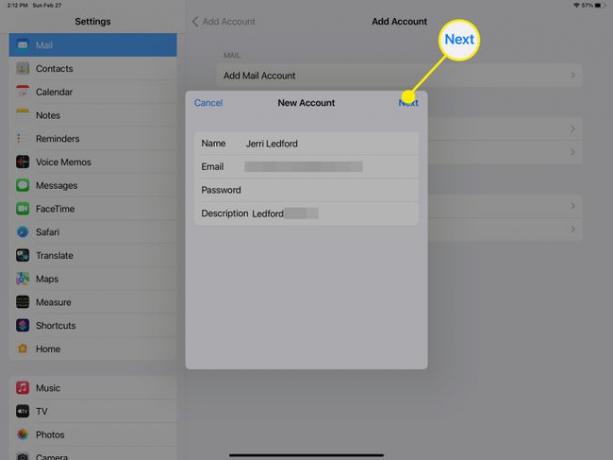 معلومات الحساب الجديدة عند إضافة حساب بريد إلكتروني جديد على iPad.