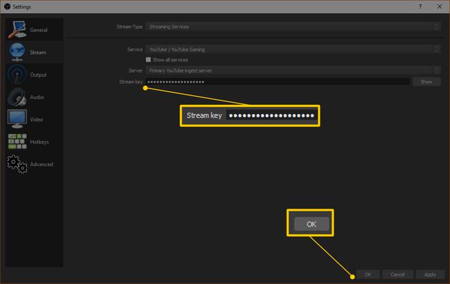 שדה מפתח זרם OBS וכפתור אישור בכרטיסיית זרם