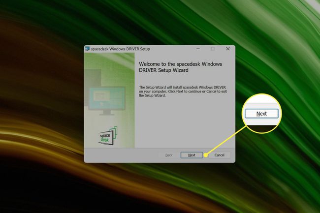 Spacedesk Windows-installationsprogrammet med knappen Næste fremhævet, hvilket leder dig gennem installationsprocessen.