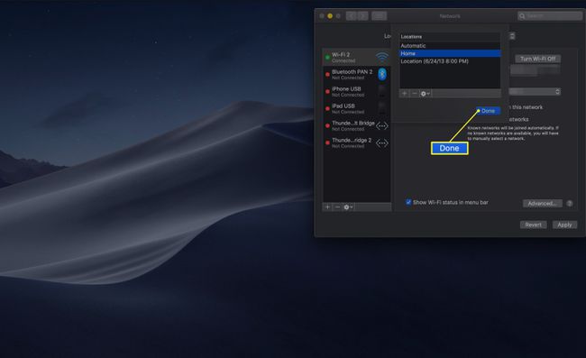 Botón Listo en la pantalla de preferencias de red de Mac