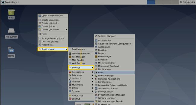 Opties voor toepassingen en instellingen in het optiemenu in XFCE