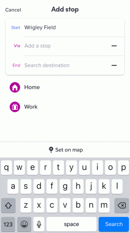 Screenshot der Seite „Stopp hinzufügen“ in der Lyft-App