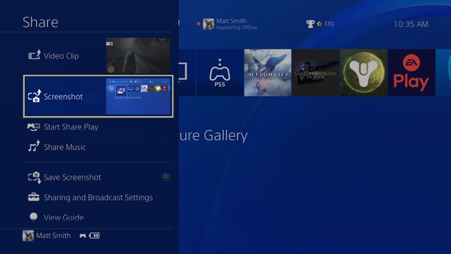 PlayStation 4-ის გაზიარების მენიუ გახსნილია არჩეული Screenshot-ით.