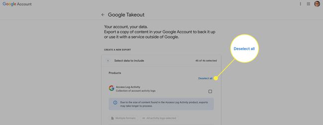 El botón Deseleccionar todo resaltado en Google Takeout.