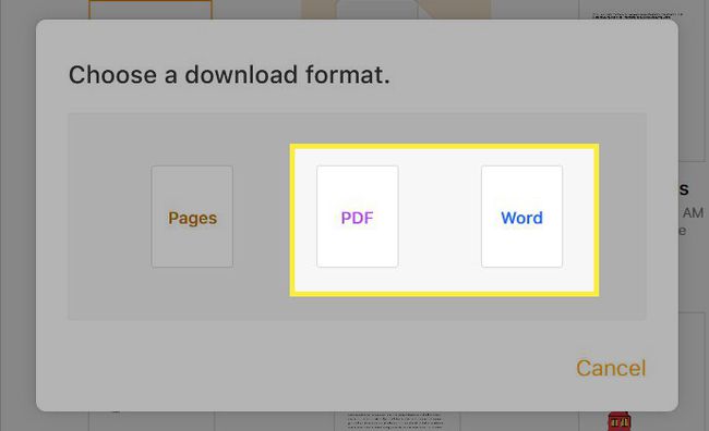 Formati di download di iCloud con PDF e Word evidenziati