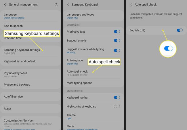 Samsung billentyűzet beállításai Automatikus helyesírás-ellenőrzés