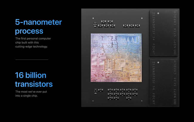 Apple M1 mikroshēma un fakti uz melna fona