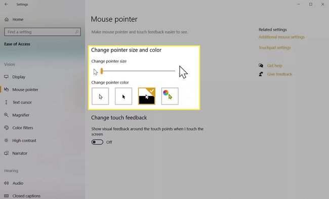 Az egérmutató méretének és színének beállításai a Windows 10 rendszerben.