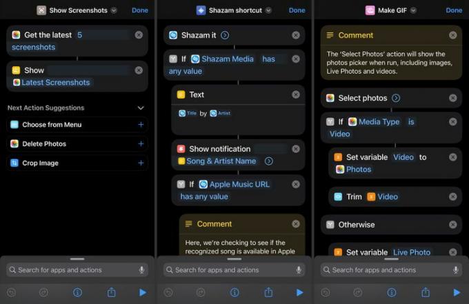 Três exemplos de atalhos no aplicativo Apple Shortcuts