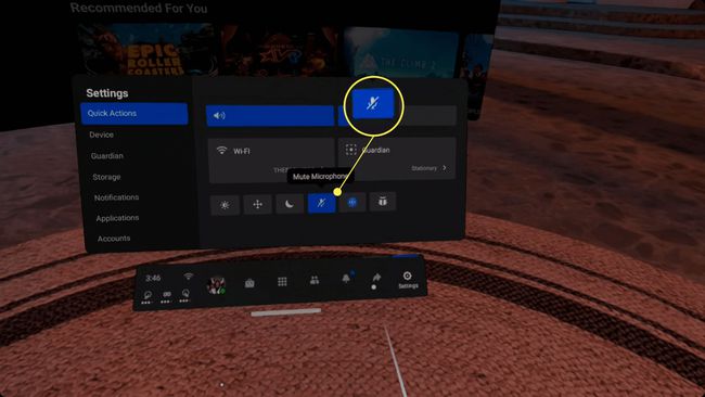 Actions rapides d'Oculus Quest avec le microphone coupé et l'icône bleue en surbrillance
