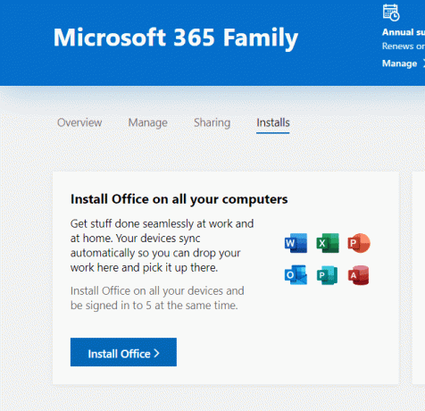 Екранна снимка на бутона за инсталиране на офис в акаунт в Microsoft