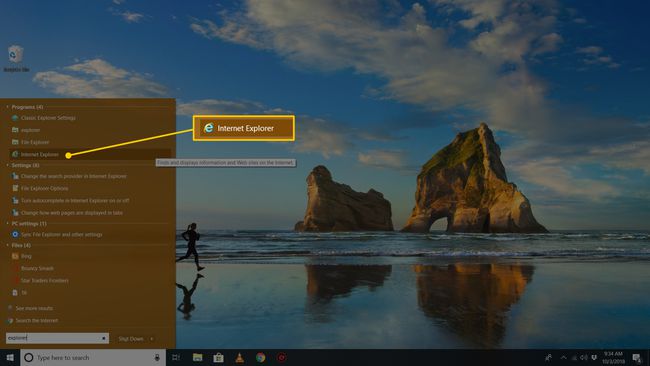 Menú de inicio que resalta Internet Explorer para Windows 10