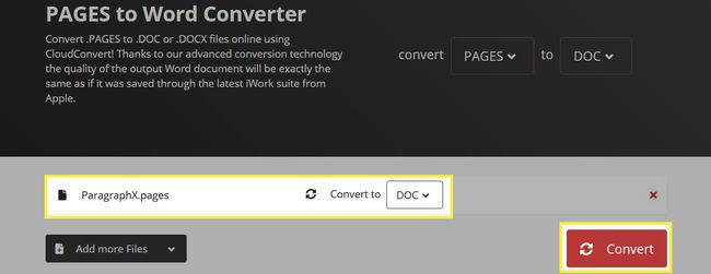 Convertitore da Pages a Word con il documento Pages e Converti evidenziati