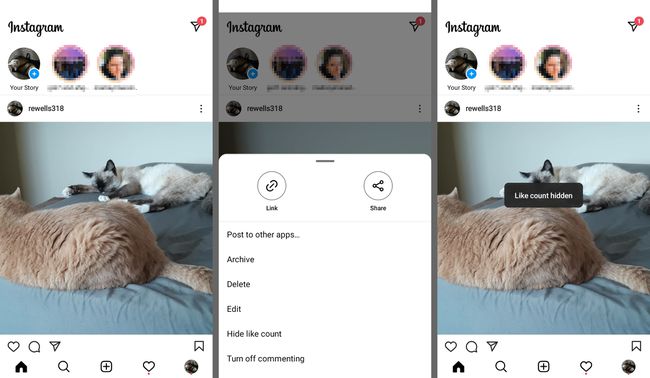 Мени са три тачке, Сакриј број свиђања и Број лајкова је скривен на Инстаграму
