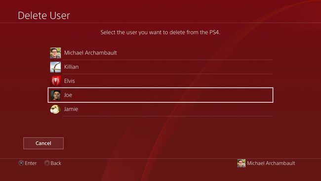 Posnetek zaslona PlayStationa, ki prikazuje uporabnike, ki jih je treba izbrisati