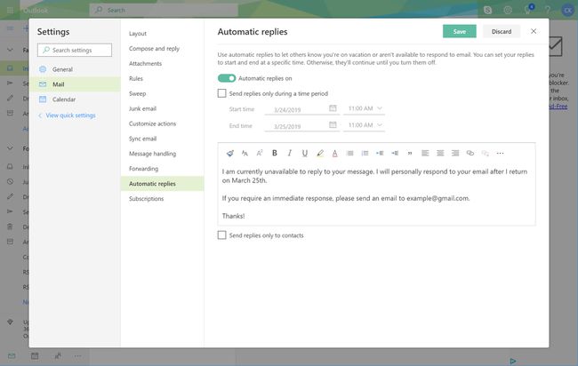Outlook.com automatisk svarbesked indtastet