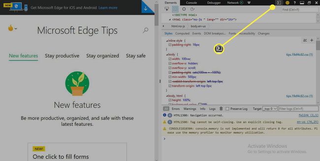 Una captura de pantalla de Microsoft Edge con el botón de la consola resaltado