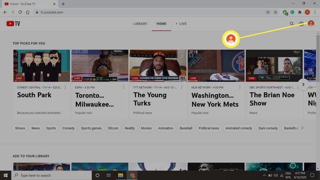 Une capture d'écran de tv.youtube.com et sélectionnez l'icône de votre profil dans le coin supérieur droit.