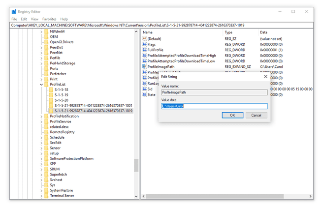 Windows 10 kayıt defteri düzenleyicisinde örnek SID