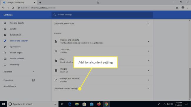 La opción " Configuración de contenido adicional" en la configuración de Chrome