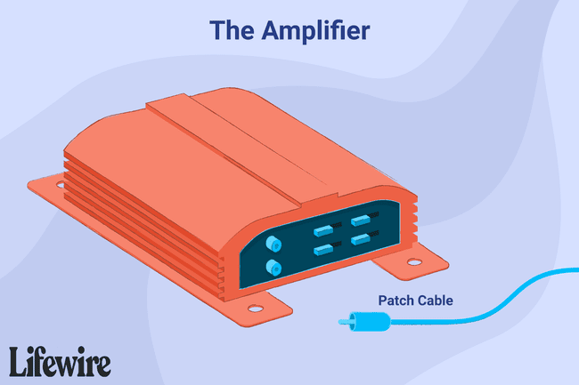 Een autoversterker met een losgekoppelde patchkabel.