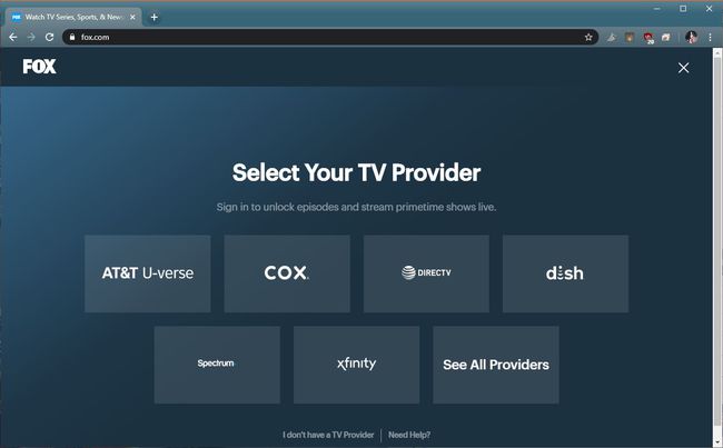 สกรีนช็อตของหน้าการเลือกผู้ให้บริการทีวี Fox