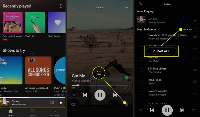 Zrzuty ekranu pokazujące, jak wyczyścić kolejkę w Spotify Mobile.