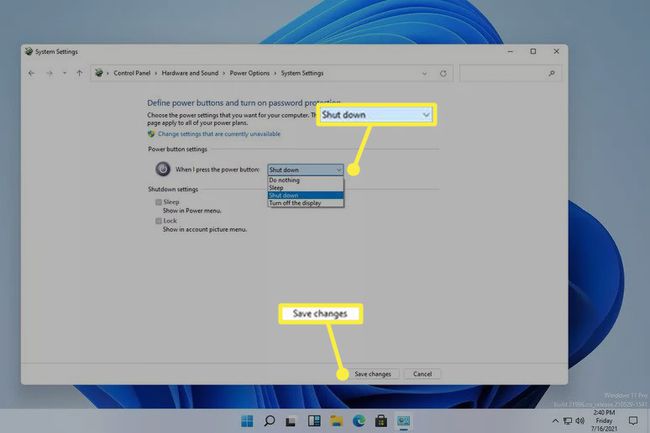 Avslutt og lagre endringer uthevet i Windows 11 strømknappinnstillinger