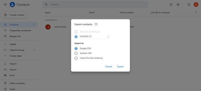 Opções de formato em Exportar contatos no Gmail