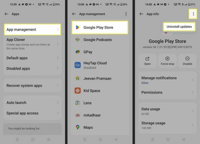 Android スマートフォンで Google Play ストアのアップデートをアンインストールする手順。