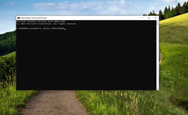 Captura de tela de " sc delete servicename" na janela do prompt de comando