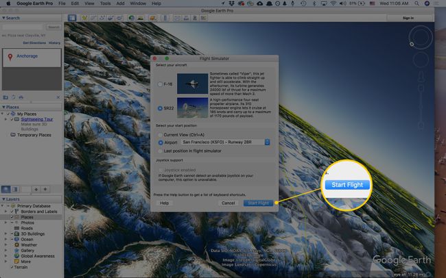 Zrzut ekranu przycisku Rozpocznij lot w programie Google Earth Pro (Mac)